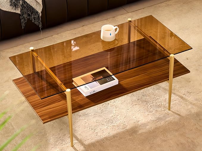 Shrine Rectangle Coffee Table, Mid-Century Modern Design, 2-Tier Structure, Amber Glass Top and Walnut MDF Shelf, 41" D x 21" W x 17" H, Sleek Conical Metal Legs with Gold Finish
