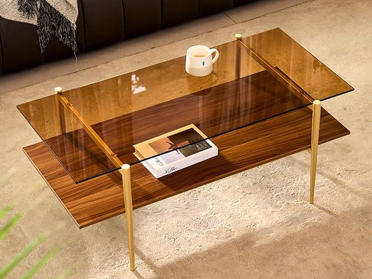 Shrine Rectangle Coffee Table, Mid-Century Modern Design, 2-Tier Structure, Amber Glass Top and Walnut MDF Shelf, 41" D x 21" W x 17" H, Sleek Conical Metal Legs with Gold Finish