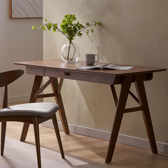 Wood Writing Desk with Drawers, Mid Century Desk with Solid Legs, Small Writing Desk for Small Spaces Bedroom Living Room, Easy Assembly (Walnut B)