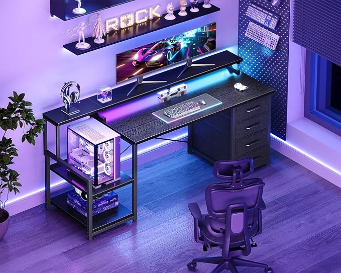ODK 55 Inch Computer Desk with 4 Drawers, Office Desk with LED Lights and Storage Shelves, Large Writing Study Table for Home, Bedroom, Study or Gaming Setup, Black