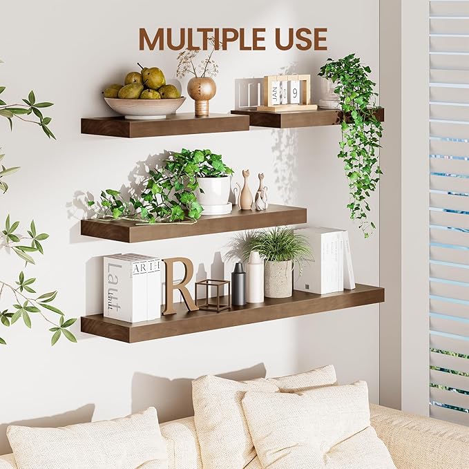 Heimlove 16 Inch Floating Shelves for Wall Walnut Shelves Set of 2,Wall Mounted Rustic Wood 8 Inch Deep Floating Shelf with Invisible Brackets for Bedroom Kitchen Living Room