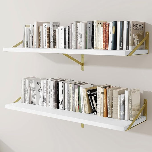 Deep Wall Shelves 48"W x 12"D Engineered Wood Floating Shelves for Wall, Sturdy Metal Bracket(Gold) Bookshelves Home Decor Storage for Living Room Bedroom Bathroom Kitchen, Set of 2, White Finish