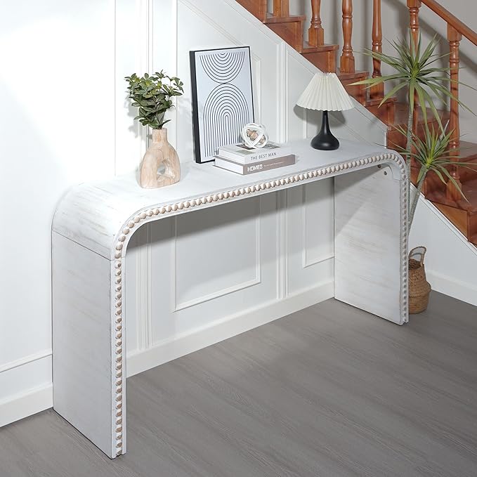 Wood Console Table, 59" Retro Long Sofa Table Behind Couch with Real Wood Beads Decor, Wooden Narrow Sofa Table Hall Table for Living Room Foyer Entrance Entryway, White