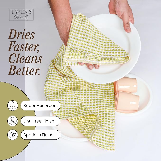 TWINY threads Circle Waffle Kitchen Towels 4 Pack, 16"x26", 100% Cotton, Super Absorbent, Durable, Vibrant Dishcloth Set, Great for Summer Decor, Cleaning Spills, Lemon Green