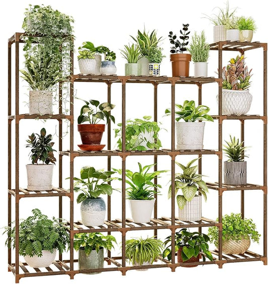 Bamworld Large Plant Shelf Indoor Plant Shelf Outdoor Tall Wood Plant Holder for Living Room Multiple Plants Patio Balcony Garden 17 Pots