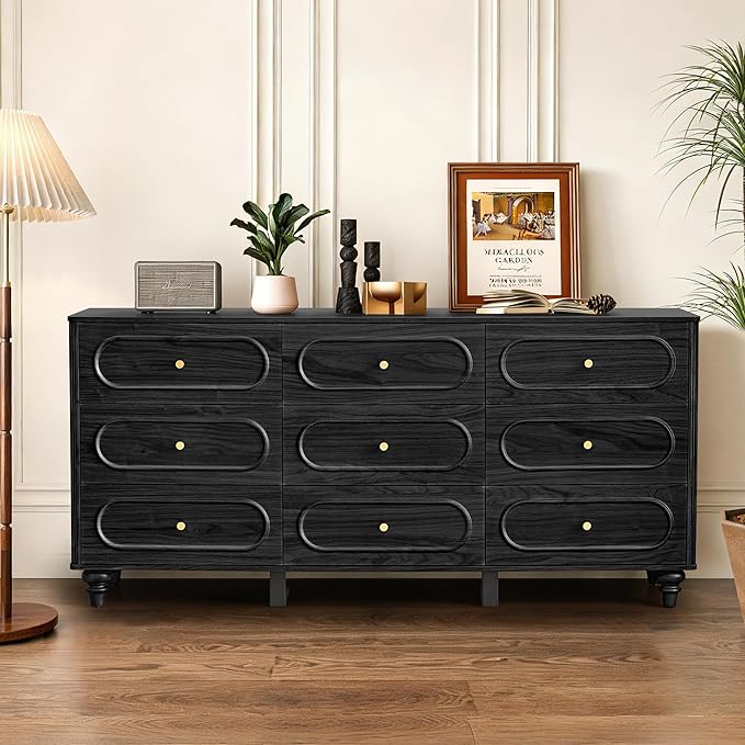 ORRD 9 Drawer Fluted Dresser for Bedroom, Mid Century Modern Chest of Drawers, Wood Storage Small Dresser Organizer for Bedroom Living Room Hallway Closet, Black