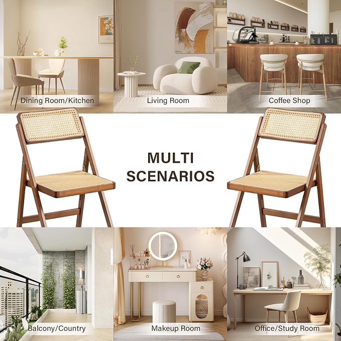 Furlide Rattan Folding Chair, Modern Mid Century Dining Chairs Set of 1, Comfy Outdoor Bamboo Chairs for Bedroom Living Room Reading Room Dining Kitchen, Walnut