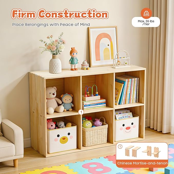 6 Cube Storage Shelf, 2-Tier Solid Wood Cube Storage Organizer, Vertical or Horizontal Floor Standing Open Bookcase for Bedroom, Study, Bookstore & Office