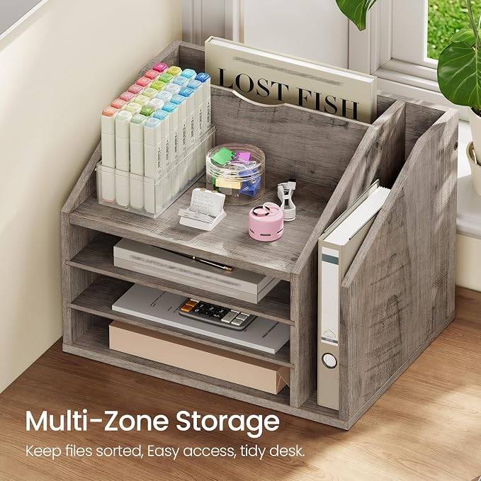 CHOEZON Wooden Desk Organizer with Adjustable Partitions, Multi-Layer Desktop File Holder for Home Office, Paper & Stationery Storage Organizer, Greige MWJ04FH
