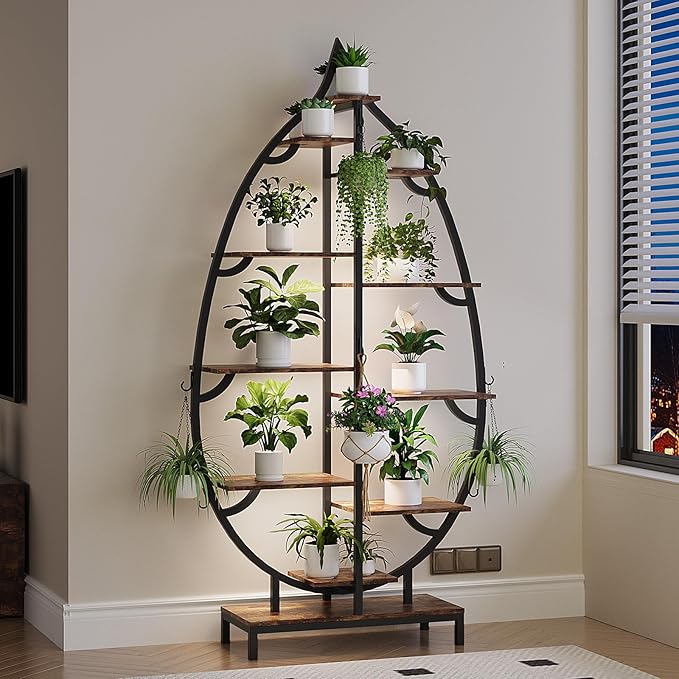 VINGLI Plant Stand Indoor with Grow Lights, 63" Tall 10-Tier Leaf-Shaped Metal Plant Shelf with 5 LED Light Strips, Large Tiered Indoor Plant Stands for Multiple Plants, Modern Decorative Plant Rack for Living Room Balcony, Black