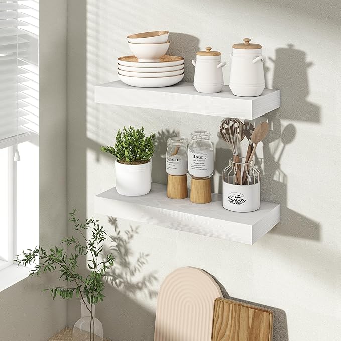 16 Inch Floating Shelves for Wall 2 Pack, 16" Wall Shelves for Books, Storage, Decor, Wall Mounted Floating Shelf with Invisible Brackets for Kitchen, Living Room, White