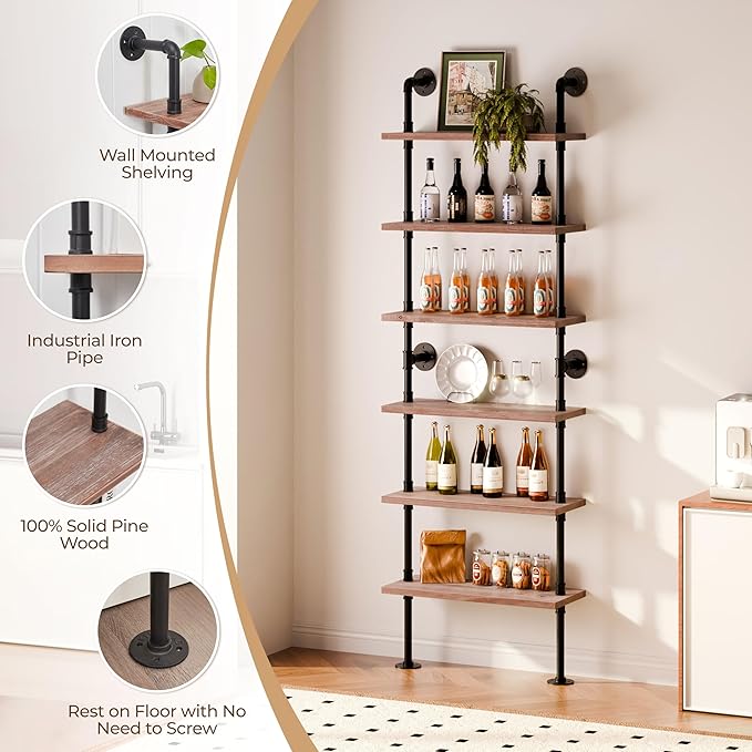 Pipe Industrial Shelves, Wall Mounted Wood Metal Ladder Rustic Bookshelf (Weathered Brown, 6 Tier - 10" D x 30" W x 82.5" H)