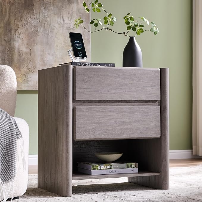 25" Tall Modern Nightstand with Charging Station, 23.6" W Nightstand with 2 Storage Drawers & Open Shelf, Wood Night Stand w/Rounded Corner Design for Bedroom, Living Room (Light Grey)