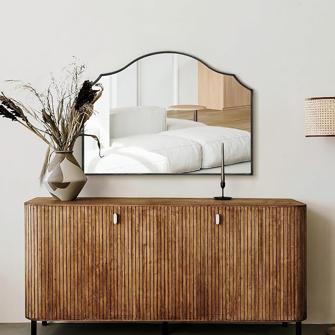 Besdomus Scalloped Arched Mirror for Vanity: 32"x24" Black Modern Minimalist Wooden Wall Mirror - Decorative Dresser Wall for Mantel/Bedroom/Entryway/Hallway - Ideal for 30-60 Age Fashion Women