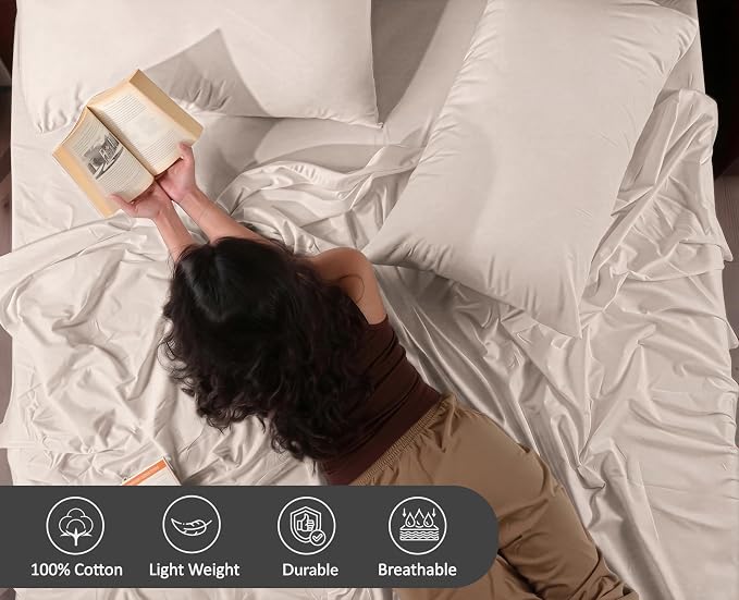 RUVANTI 100% Cotton Percale Sheets Queen Size 6 Piece Set, Cooling Bed Sheets for Hot Sleepers, Deep Pocket 16”, Breathable Lightweight & Durable, Crisp Hotel Style Sheets, Soft Beige