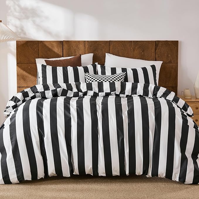 Merryword Black and White Striped Duvet Cover Set Queen Size - 100% Cotton Duvet Cover Set with Zipper Closure & 8 Corner Ties, 3-Piece Luxury Linen Like Bedding Set for All Seasons