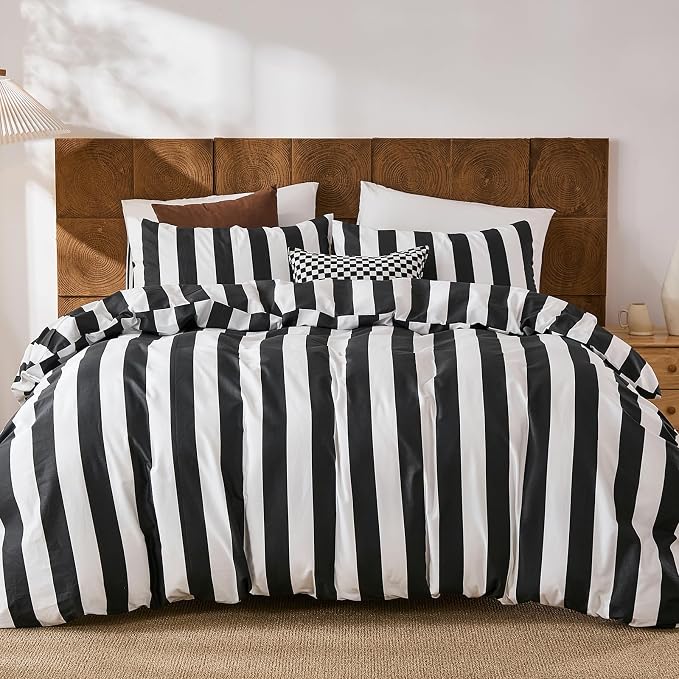 Merryword Black and White Striped Duvet Cover Set King Size - 100% Cotton Duvet Cover Set with Zipper Closure & 8 Corner Ties, 3-Piece Luxury Linen Like Bedding Set for All Seasons
