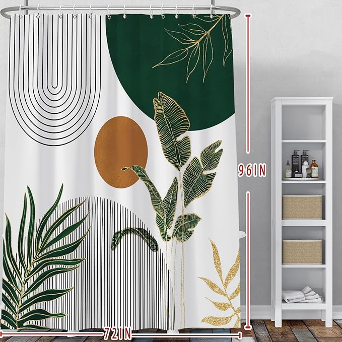 Baocicoo Boho Mid Century Shower Curtain Abstract Sun Green Banana Leaves Curve Aesthetic Shower Curtain for Bathroom Cubicle Living Room Waterproof Curtain for Bathroom with Hooks 72x96 Inches