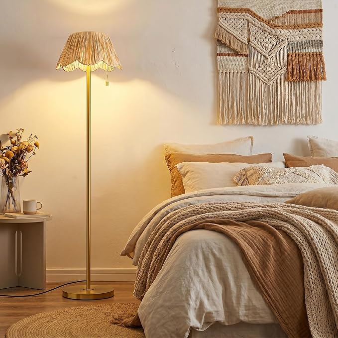 OYEARS 65" Boho Floor Lamps for Living Room, Rattan Floor Lamp, Pull Chain Switch, Gold Standing Lamp with Hand-Woven Shade, Farmhouse Tall Lamps for Nursery, Metal Base&Pole, Bulb not Included, Gold
