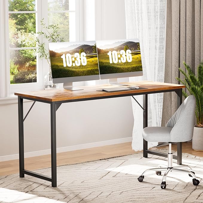 Sweetcrispy Computer Small Office Desk 47 Inch Student Study Writing Work with Metal Frame Wood Tabletop Modern Simple PC Home Bedroom Table, Rustic Brown