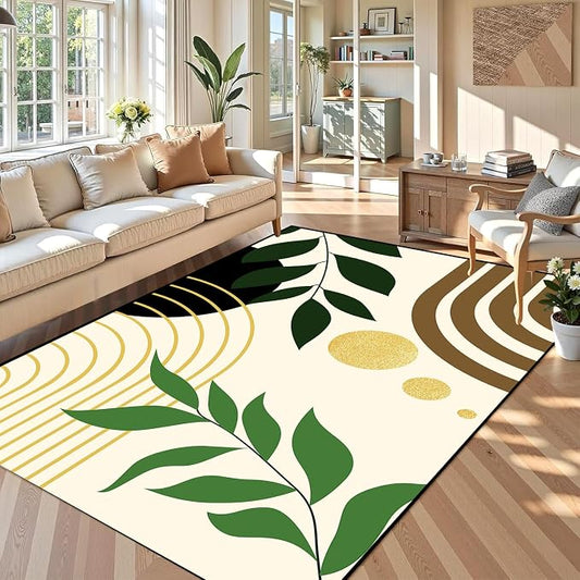 Modern Abstract Rug Geometric Area Rug Boho Green Leaf Floor Mat Soft Washable Carpet for Bedroom Living Room Kitchen Nursery Playroom Home Decor 6'x9'