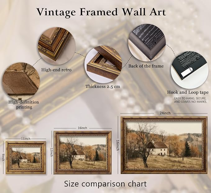 Vintage Gold Framed Autumn Country Cottage Wall Art ，Rustic Farmhouse Landscape Canvas Prints, Retro Fall Cabin Painting for Living Room Bedroom Kitchen Wall Decor，9x11in