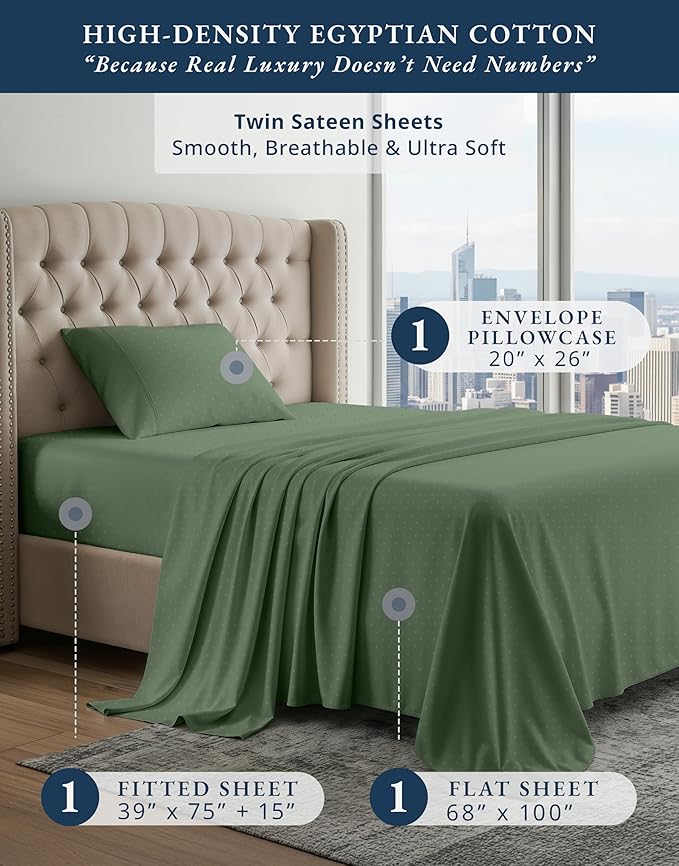 LANE LINEN Luxury Hotel Style 100% Egyptian Sheets Twin Size Bed Set, Mercerized Cotton, Sily Finish, No Pill Fade Resistant Twin Bedding Sheets & Pillowcases Jaquard Swiss Dot - Iceberg Green
