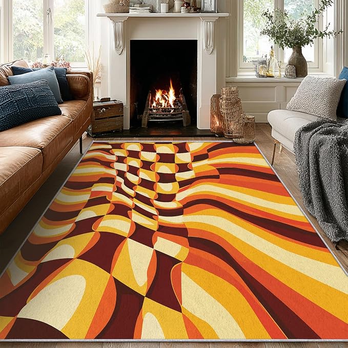 70s Retro Rugs 3x4, Orange Brown Abstract Washable 3 x 4 Area Rug for Living Room, Bedroom, Low Pile Non Slip Stain Resistant Carpet, 70s Orange Home Decor Accessories & M828