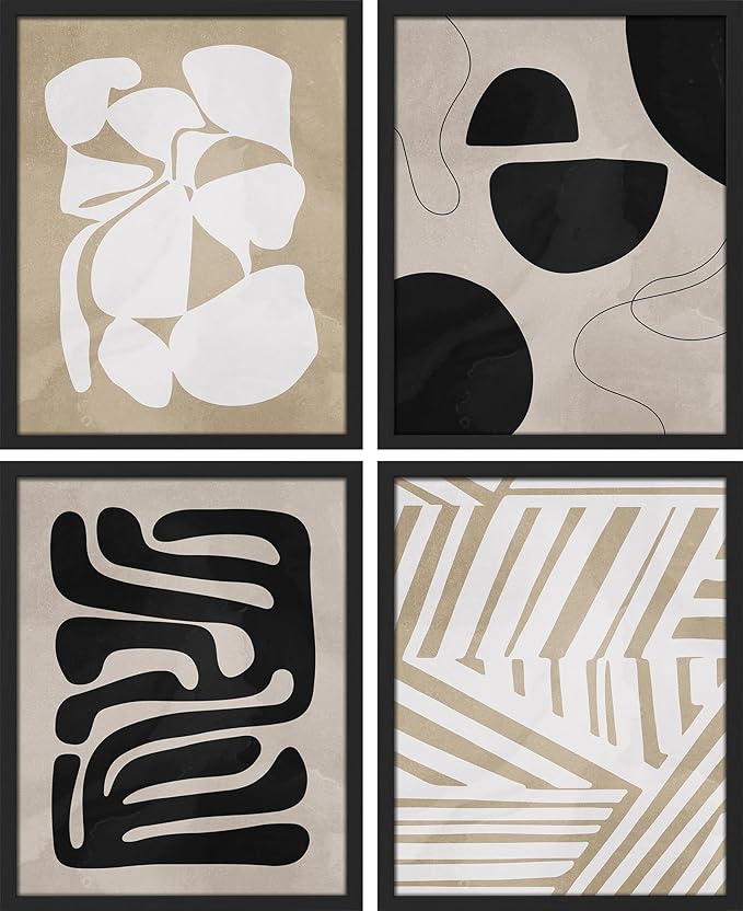 SIGNWIN Framed Tropical Mid-Century Wall Art, Set of 4 Modern Hawaiian Geometric Print Wall Decor Prints, Nature Wilderness Wall Décor for Living Room, Bedroom - 12"x16" Black