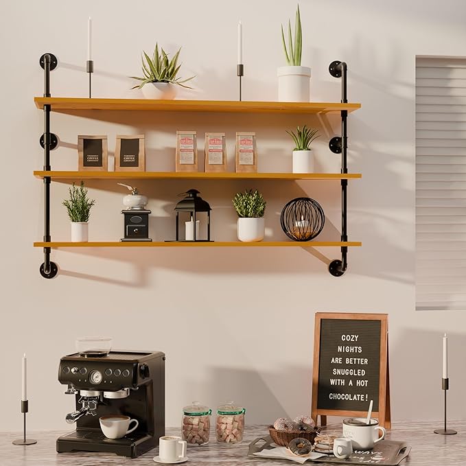 HDDFER Industrial Pipe Shelving Shelf Rustic Wood Wall Shelves Industrial Floating Shelves for Wall 48 Inch Farmhouse Bookshelf Pipe Shelves Living Room Kitchen