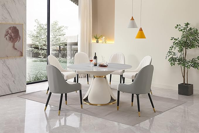 59'' Round Marble Dining Table Set with 6 Chairs for 6-8, Kitchen Table, Dining Room Table Set Petal Pu Leather & Metal Base