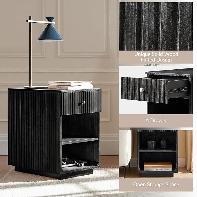 HULALA HOME Mid-Century Modern End Table with Drawer and Open Shelves, Solid Paulownia Wood Side Table, Brass Knob, No Assembly Required(Charcoal)