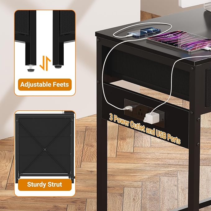 Unikito Reversible Computer Desk with 5 Drawers, Sturdy Office Desk with Power Outlets and USB Ports, Corner Writing Table with File Cabinet & Printer Stand, Vanity Desk with Storage, Black