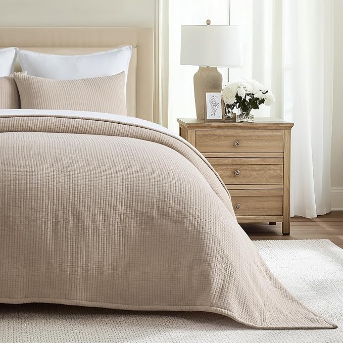 EVERGRACEHOME Cotton Gauze King Bedspread, Ultra Soft Prewashed Pick Stitch Matelassé Coverlet, Lightweight Textured Oversized King Quilt Bedding Set for All Season, with 2 Shams, Khaki Tan