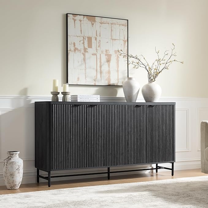 65" Large Sideboard Buffet Cabinet with Storage, Set of 2 Modern Fluted Credenza Accent Coffee Bar Console Tables with Doors & Adjustable Shelves for Living Room or Hallway, Black & Grey