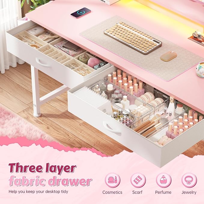 DurayLoly 39.4Inch Office Computer Desk with LED Lights & 2 Fabric Drawers, Gaming Desk with Side Pocket & Ergonomic Monitor Stand, Small Space Study Writing Table with Anti-Tip Design,Pink