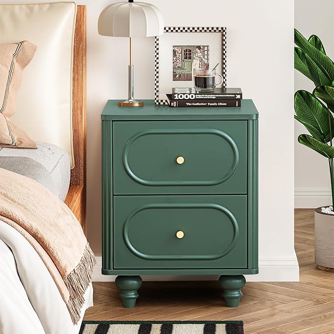 ORRD 2 Drawer Fluted Mini Small Dresser for Bedroom Set of 2, Mid Century Modern Nightstand Bedside End Table, Wood Storage Dresser Organizer for Bedroom, Green