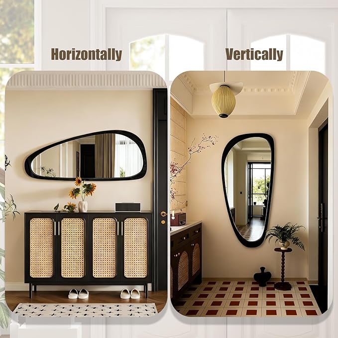 Asymmetrical Mirror, 48"x22" Irregular Mirror Full Length, Wood Wall Mirror for Bathroom Bedroom Living Room Entryway Hallway, Mid Century Modern Decor (Black)