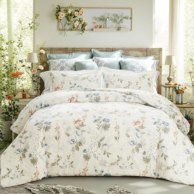 Floral Duvet Cover Full Size 100% Cotton Reversible Duvet Cover Set with Zipper Closure 3 Pieces Soft & Breathable Green Garden Floral Comforter Cover Sets