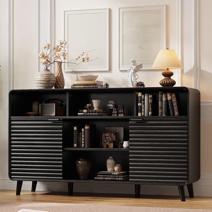 58 Inch Buffet Cabinet with Storage, Curved Buffet Sideboard w/2 Doors, Open Storage Shelf, Adjustable Shelves, Wooden Coffee Bar Cabinet for Kitchen, Living Room, Black