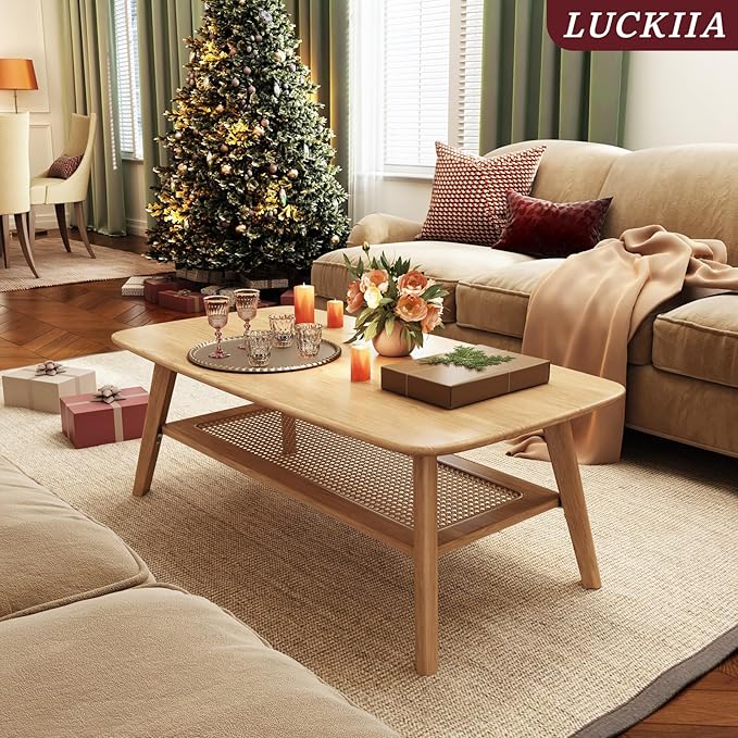 Coffee Table Small Solid Wood Center Table Mid Century Vintage Living Room Coffee Table, Original Rattan 39.37 Inch