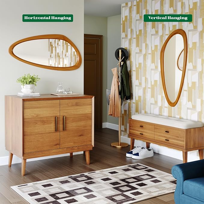 Asymmetrical Wall Mirror, 23x36 Inch Mid Century Modern Mirror, Irregular Wall Mirrors with Pine Wooden Frame for Living Room Bedroom Bathroom Entryway Hangs Horizontally or Vertically