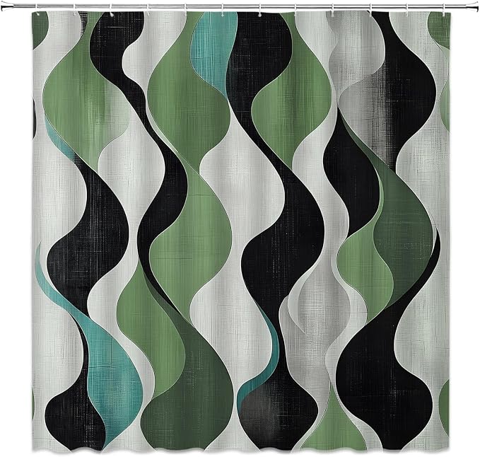 Mid Century Shower Curtain Boho Minimalist Modern Abstract Aesthetic Geometric Striped Atomic Retro Earthy Fabric Bathroom Decor Set with Hooks(36" WX70 H)