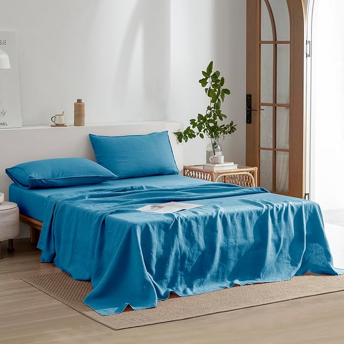 EVERLY Linen Sheets Set Full Size,100% French Stonewash Pure Linen Bed Sheets Set,4Pieces (1Flat Sheet,1Fitted Sheet,2Pillowcase) Suitable for Hot Sleepers,Deep Pocket Natural Bedding Set-Blue