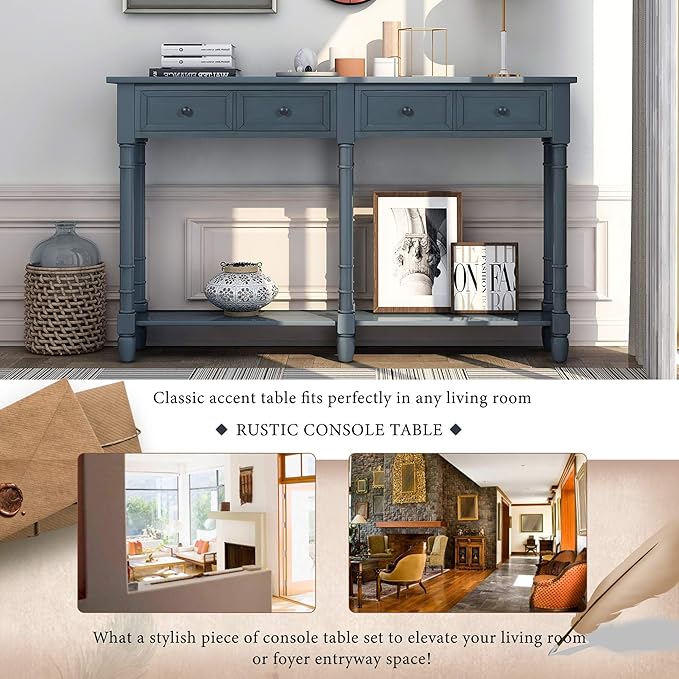 Merax Retro Console Table Sofa Table for Entryway with Drawers and Shelf Living Room Table (Antique Navy)