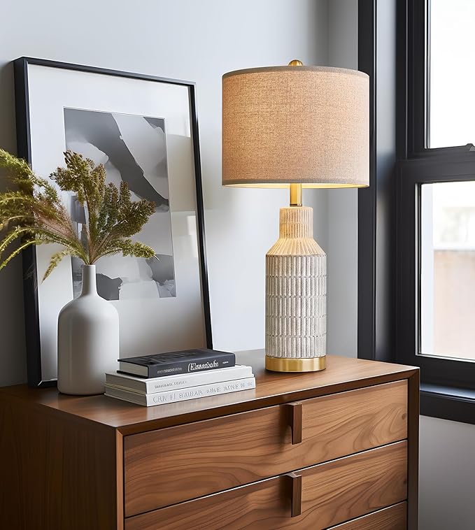 25" Table Lamps Set of 2 - Modern Bedside Lamps for Living Room - White Washed Ceramic Nightstand Lamps for Bedroom