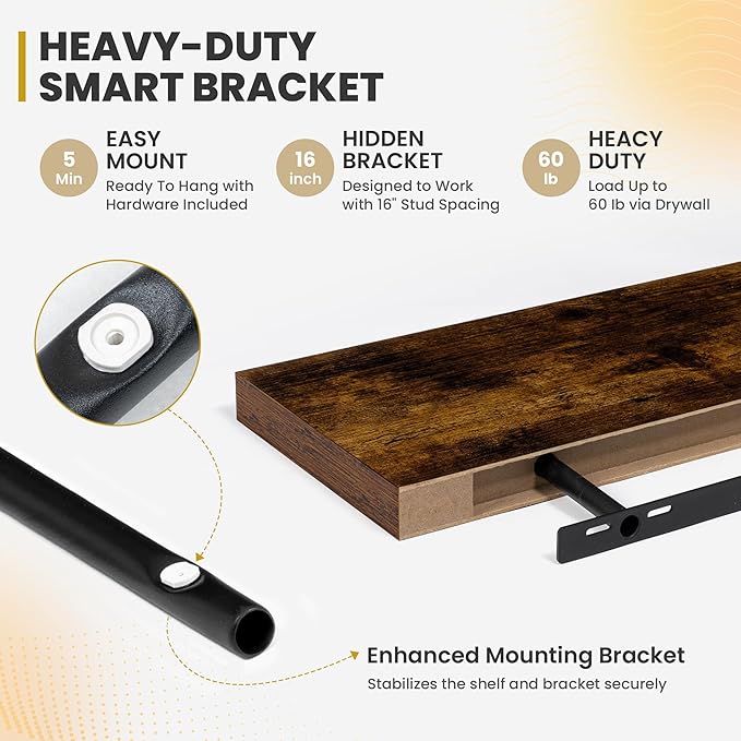 72 Inch Floating Shelves, 9.3" Deep Floating Shelf Wall Mounted, 72" Wall Shelves, Rustic Deep Bookshelf, Large Display Shelves & Storage Shelves for Bedroom, Living Room, Brown, Set of 2