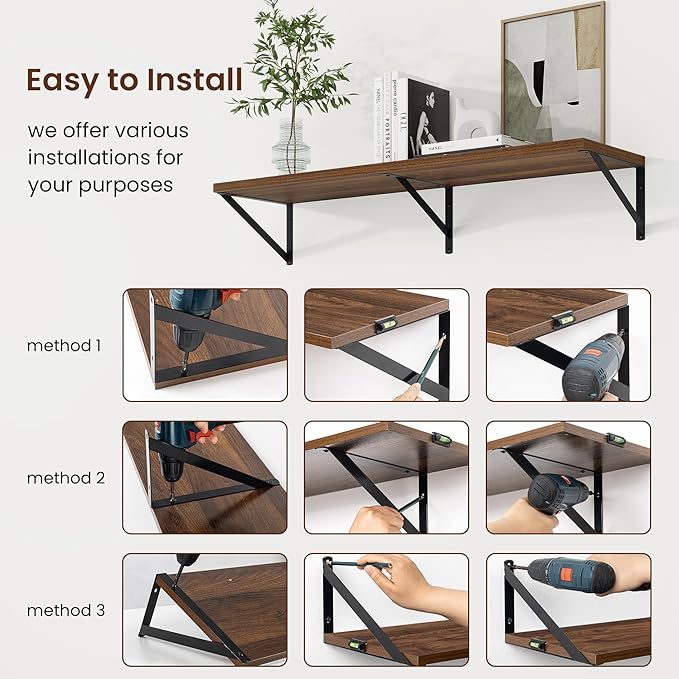 Axeman 48 Inch Floating Shelves | 10 Inch Deep Walnut Wall Shelves Set of 2 | 48" W x 10" D Walnut Floating Shelves for Living Room Bathroom Kitchen
