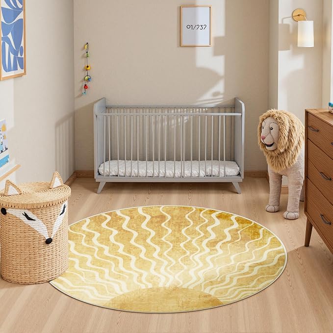 Wonnitar Sun Print Round Area Rug, Boho Washable 5ft Circle Rug for Kids Room Playroom, Gradient Yellow Ultra-Thin Non-Slip Round Carpet for Living Room Classroom Bedroom Entryway