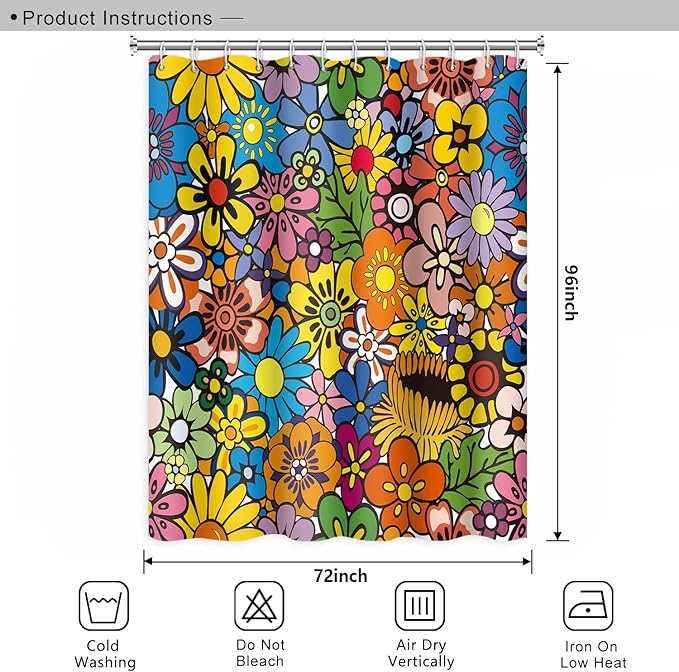 Bohemia Colorful Flowers Bathroom Shower Curtain Funky Retro Hippie 60s 70s Aesthetic Washable Polyester Durable Fabric Home Shower Curtain with Hooks, 72x96 Inch